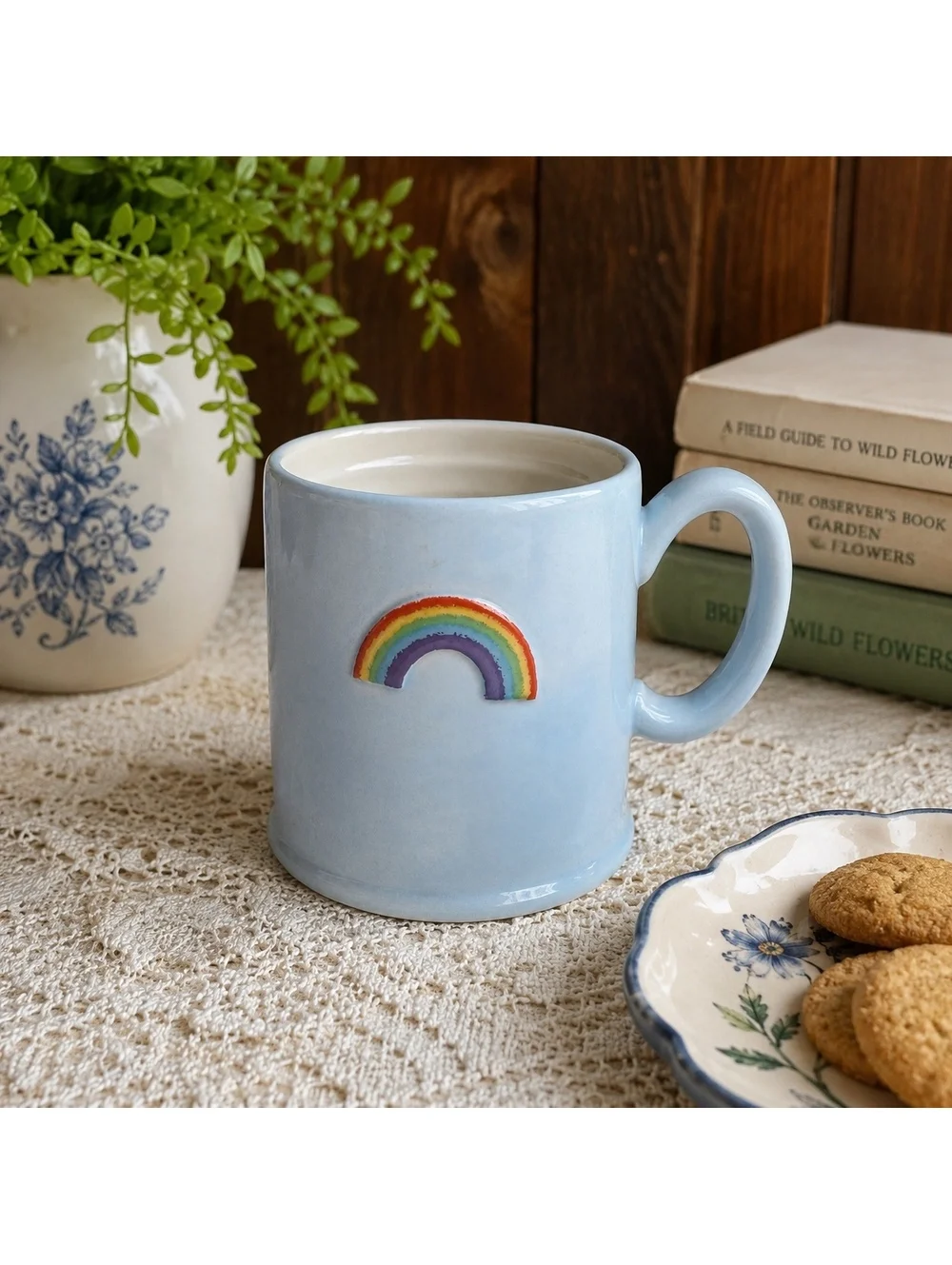 The Old Pottery Company Rainbow Mug Blue Ceramic Coffee Cup 3.75”